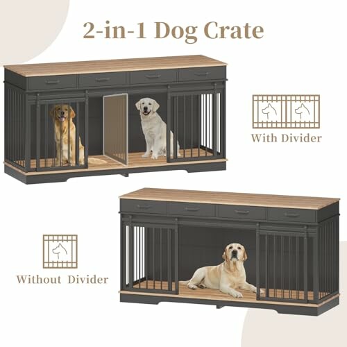 2-in-1 dog crate with divider options, showing a wooden design and two dogs.