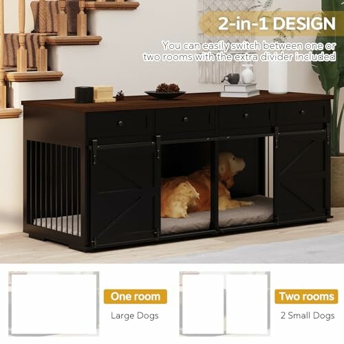 2-in-1 dog crate furniture with divider, suitable for one large or two small dogs.