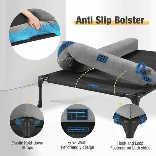 Anti slip bolster with elastic hold-down straps and pet-friendly design.