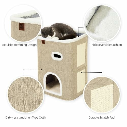 Cat condo with reversible cushion and scratch pad.