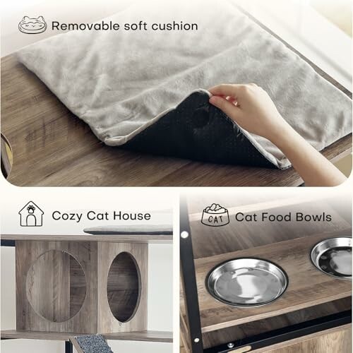 Cat furniture with removable cushion, cozy house, and food bowls.