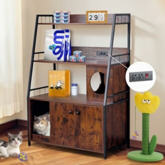 Cat furniture shelf with storage and decorative items.