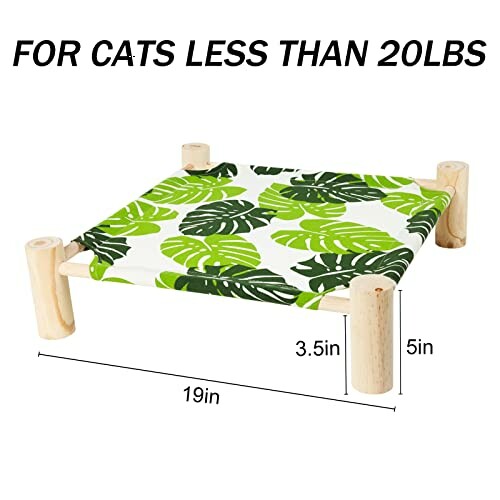 Cat hammock bed with tropical leaf design, dimensions shown.