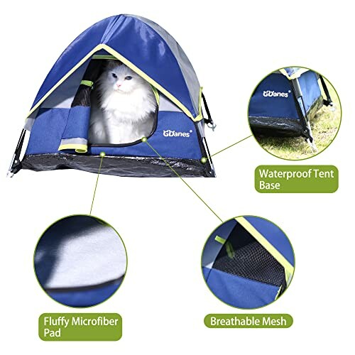 Cat inside a small blue and gray tent with features labeled, including waterproof base, fluffy microfiber pad, and breathable mesh.