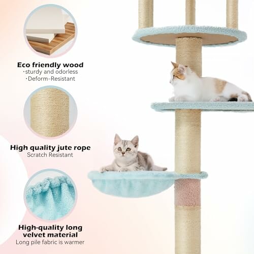 Cats on a multi-level cat tree with features highlighted: eco-friendly wood, high quality jute rope, and long velvet material.