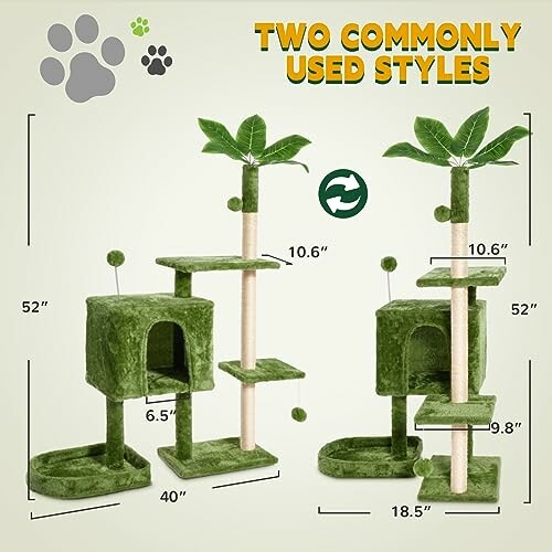 Two styles of green cat tree with scratching posts and platforms.