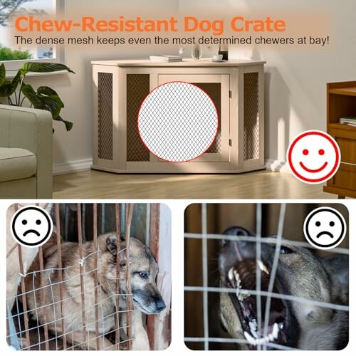 Chew-resistant dog crate with smiling face, compared to damaged crates with sad faces.