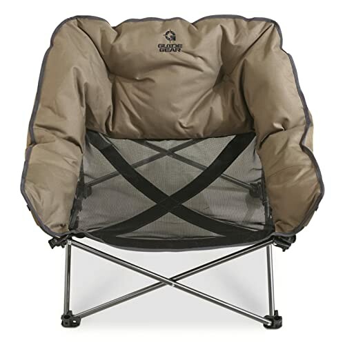 Brown padded camping chair with mesh back and foldable legs.