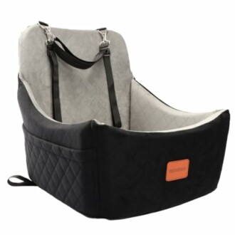 Black and gray dog car seat cover with straps.