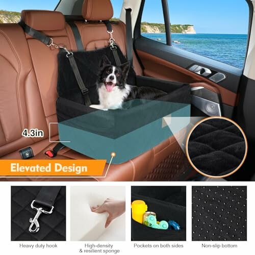 Dog in an elevated car seat with features highlighted: hook, sponge, pockets, non-slip bottom.