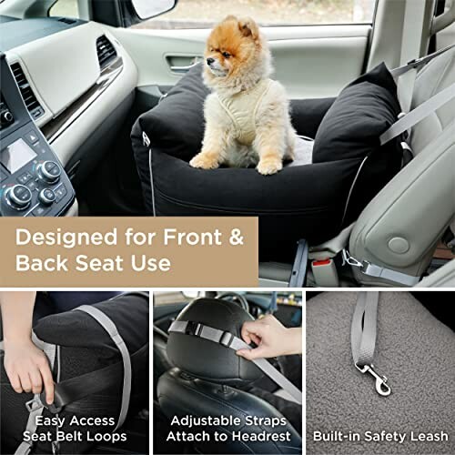 Dog sitting in a car seat designed for front and back seat use, with safety features.