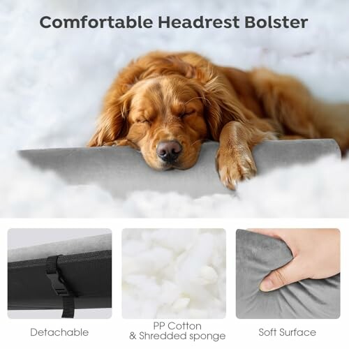 Dog resting on a comfortable headrest bolster with detachable feature, PP cotton, and soft surface.