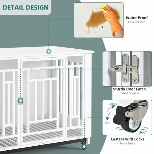 Features of a dog crate including water-proof surface, sturdy door latch, and lockable casters.