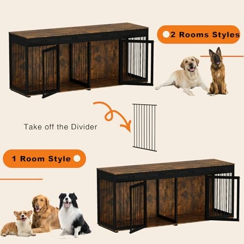 Dog crate with options for one or two rooms, featuring a removable divider and images of dogs.