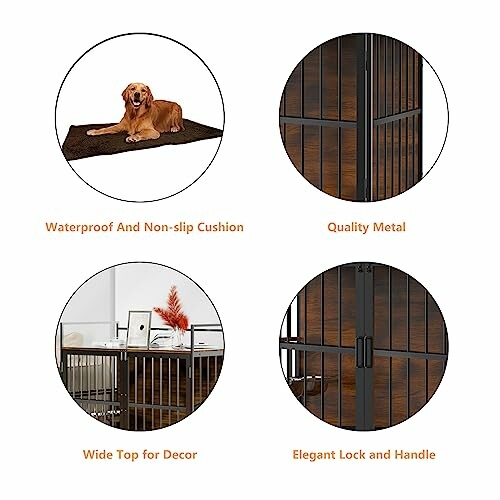 Four features of a dog crate: waterproof cushion, quality metal, wide top for decor, elegant lock and handle.