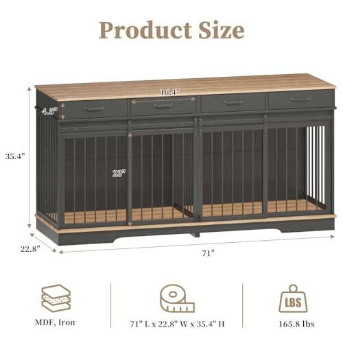 Dog crate furniture console with dimensions and materials.