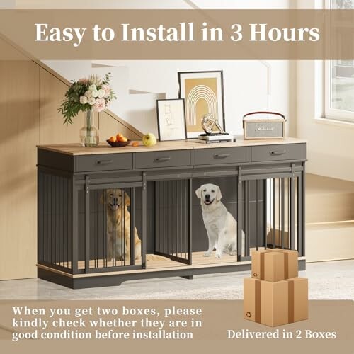 Furniture-style dog crate with storage and two dogs inside.