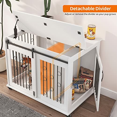 Dog crate with detachable divider and storage space.