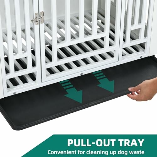 Dog crate with pull-out tray for easy cleaning.