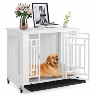 Golden retriever inside a stylish white dog crate with decorative items on top.