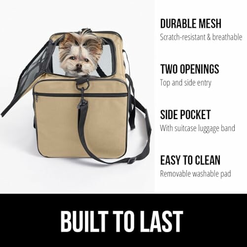 Pet in a durable mesh carrier with features listed: two openings, side pocket, easy to clean.