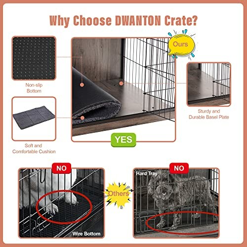 Comparison of DWANTON crate features like non-slip bottom, soft cushion, and sturdy base.