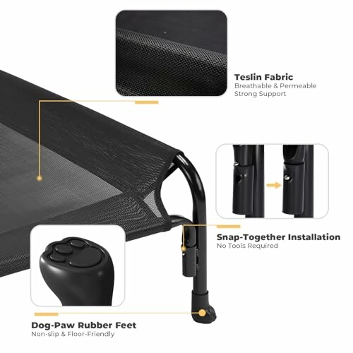 Features of an elevated pet bed including Teslin fabric, snap-together installation, and dog-paw rubber feet.