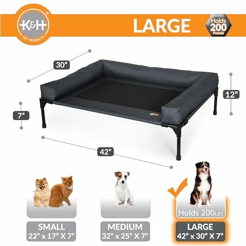 Large elevated pet bed for dogs, holds up to 200 pounds.