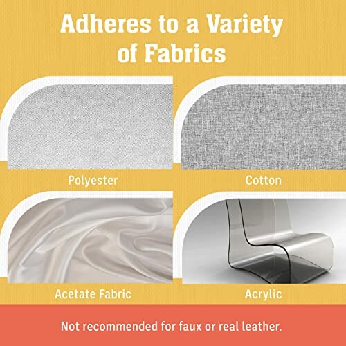 Compatibility guide showing materials: polyester, cotton, acetate fabric, acrylic. Not recommended for faux or real leather.