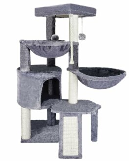 Gray cat tree condo with multiple platforms and hanging toys