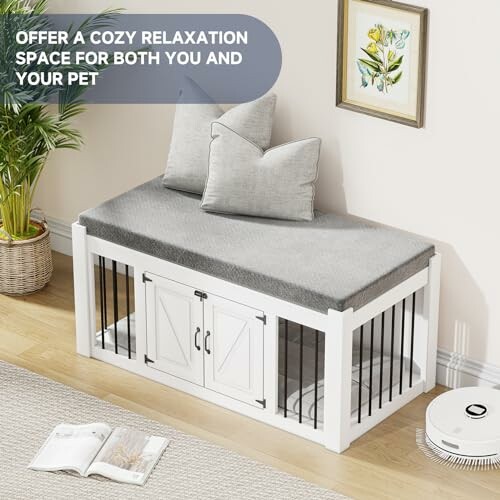 Cozy relaxation bench with pet space, cushions, and decor.