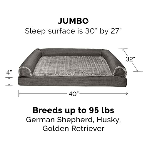 Jumbo dog bed with dimensions and breed suitability.