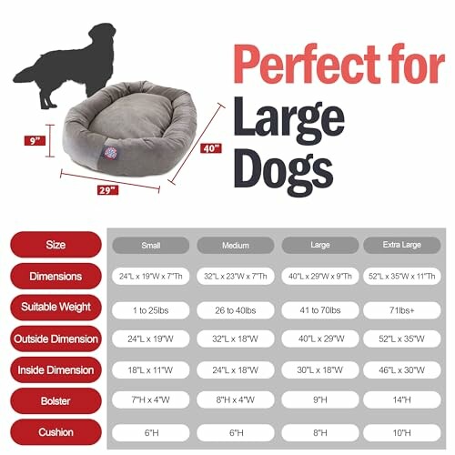 Dog bed size chart for large dogs with dimensions and suitable weight.