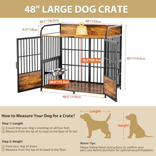 Large dog crate with measurements and dog sizing guide.