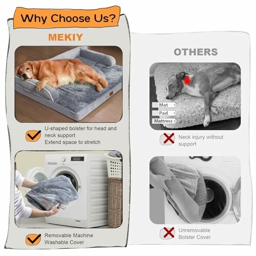 Comparison of Mekiy dog bed with another brand showing features like U-shaped bolster and washable cover.