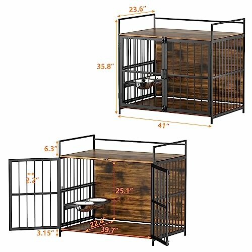 Dog crate with metal bars and wooden panels featuring measurements.