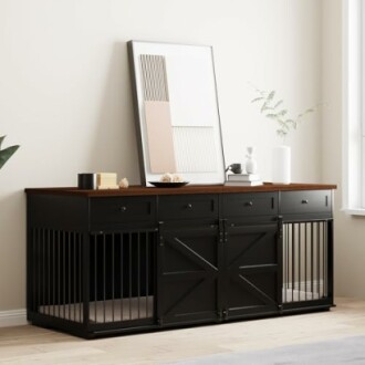 Modern black buffet cabinet with decor and artwork on top