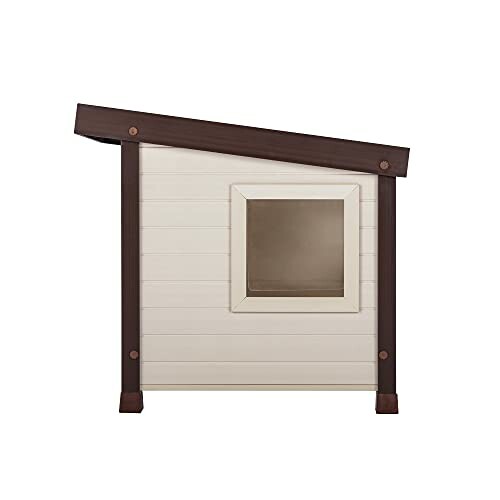 Modern dog house with a slanted roof and window.