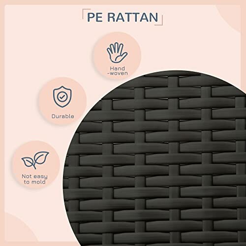 PE rattan material with icons showing durability, hand-woven, and mold resistance.