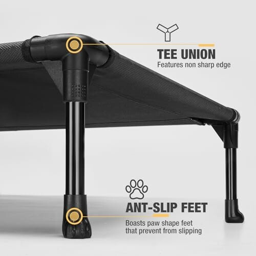 Elevated pet bed with tee union and non-slip feet features.