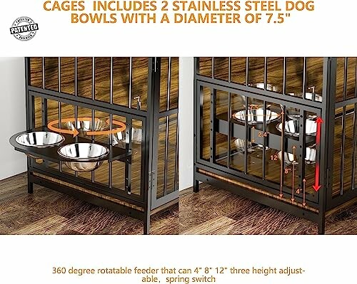 Pet cage with two stainless steel dog bowls and adjustable height feature.