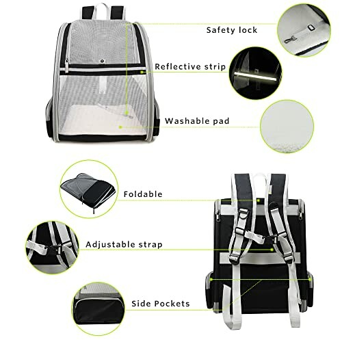 Pet carrier backpack with safety lock, reflective strip, washable pad, foldable design, adjustable straps, and side pockets.