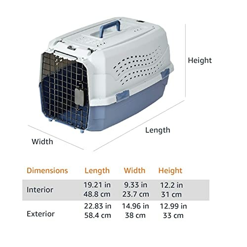 Pet carrier with dimensions for interior and exterior.