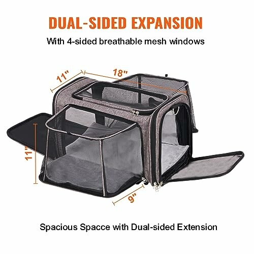 Pet carrier with dual-sided expansion and breathable mesh windows.