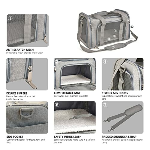 Pet carrier with mesh, zippers, mat, hooks, pockets, leash, and strap.