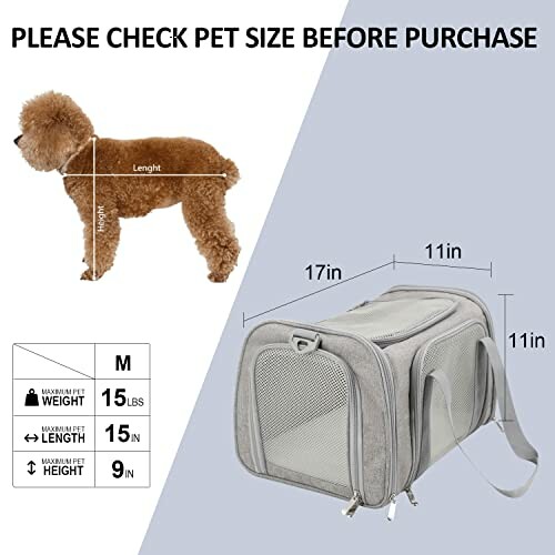 Pet size guide with carrier dimensions and weight limit.