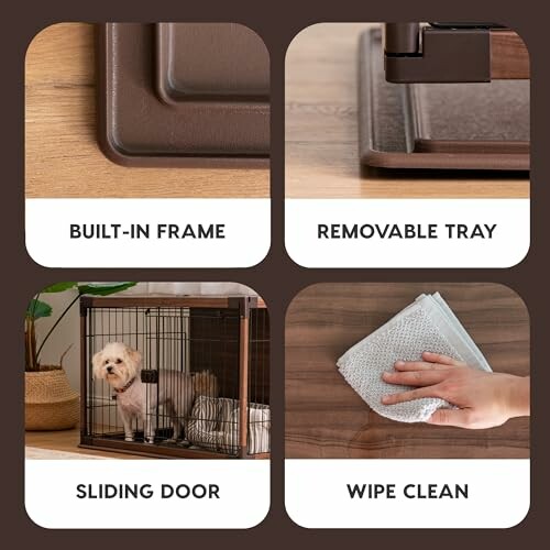 Pet crate with built-in frame, removable tray, sliding door, and wipe clean surface.