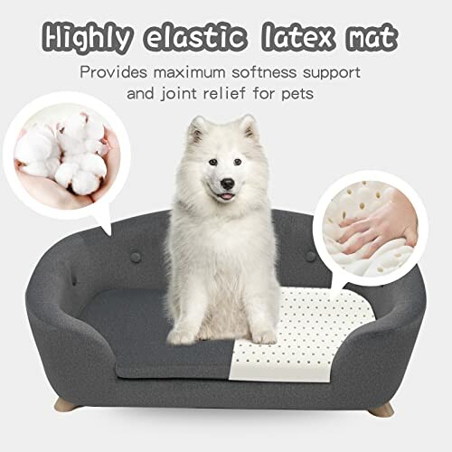 Dog on a gray sofa with a highlighted elastic latex mat for pet comfort.