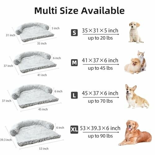 Pet sofa bed size options chart for small to extra large dogs.