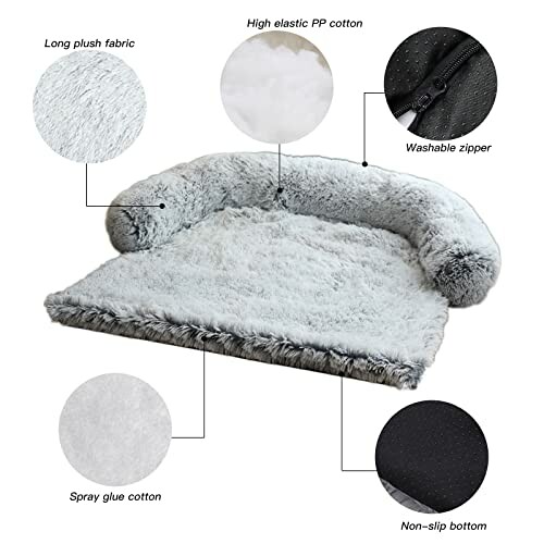 Pet bed with plush fabric, high elastic PP cotton, washable zipper, spray glue cotton, and non-slip bottom.